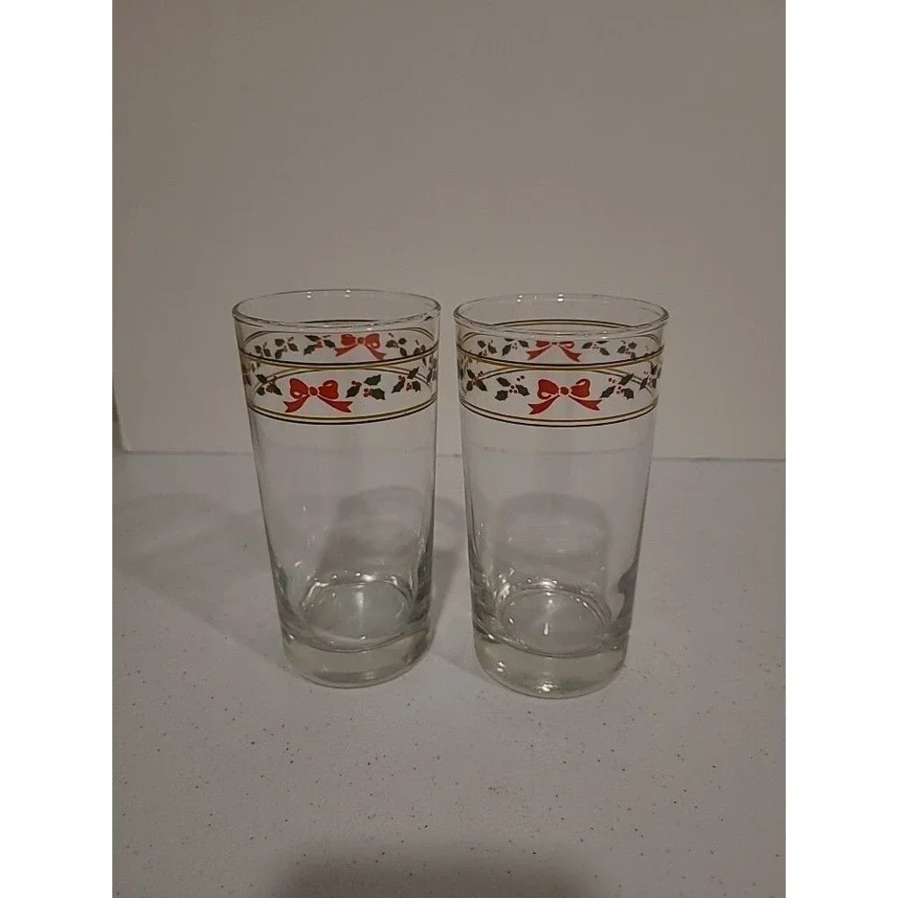 Vintage Anchor Hocking AHC83 Bow and Holly Gold and Green Bands Tumbler Set of 4